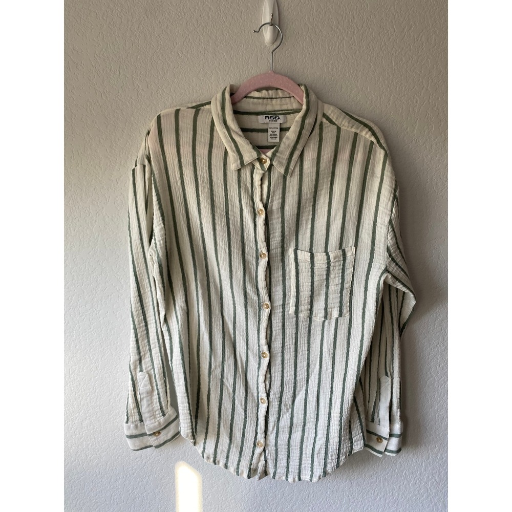 RSQ Women Striped Gauze Boho Button Down Shirt Size XL Cream Green